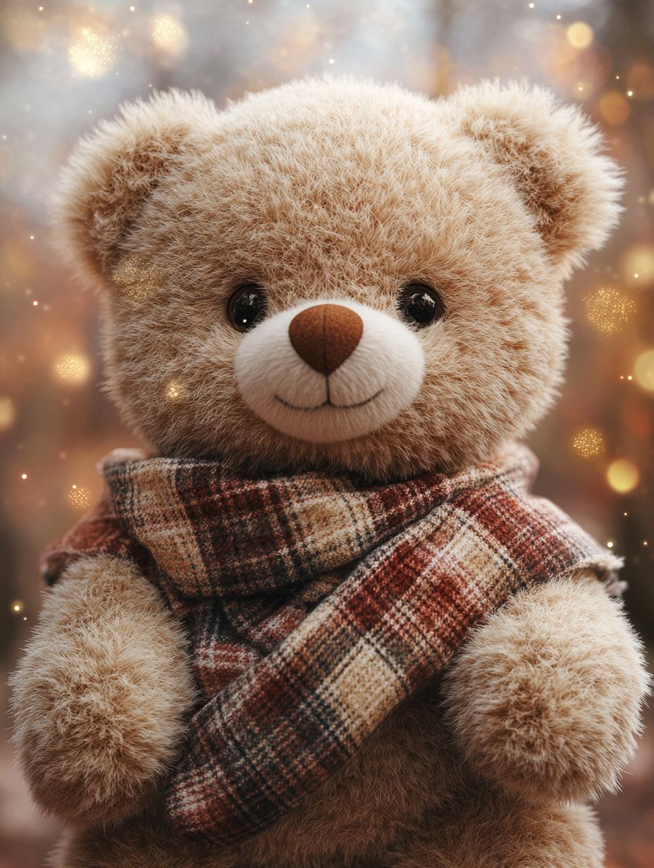 Photorealistic close-up of a charming teddy bear surrounded by floating fabric swatches, highlighting various textures and soft lighting.