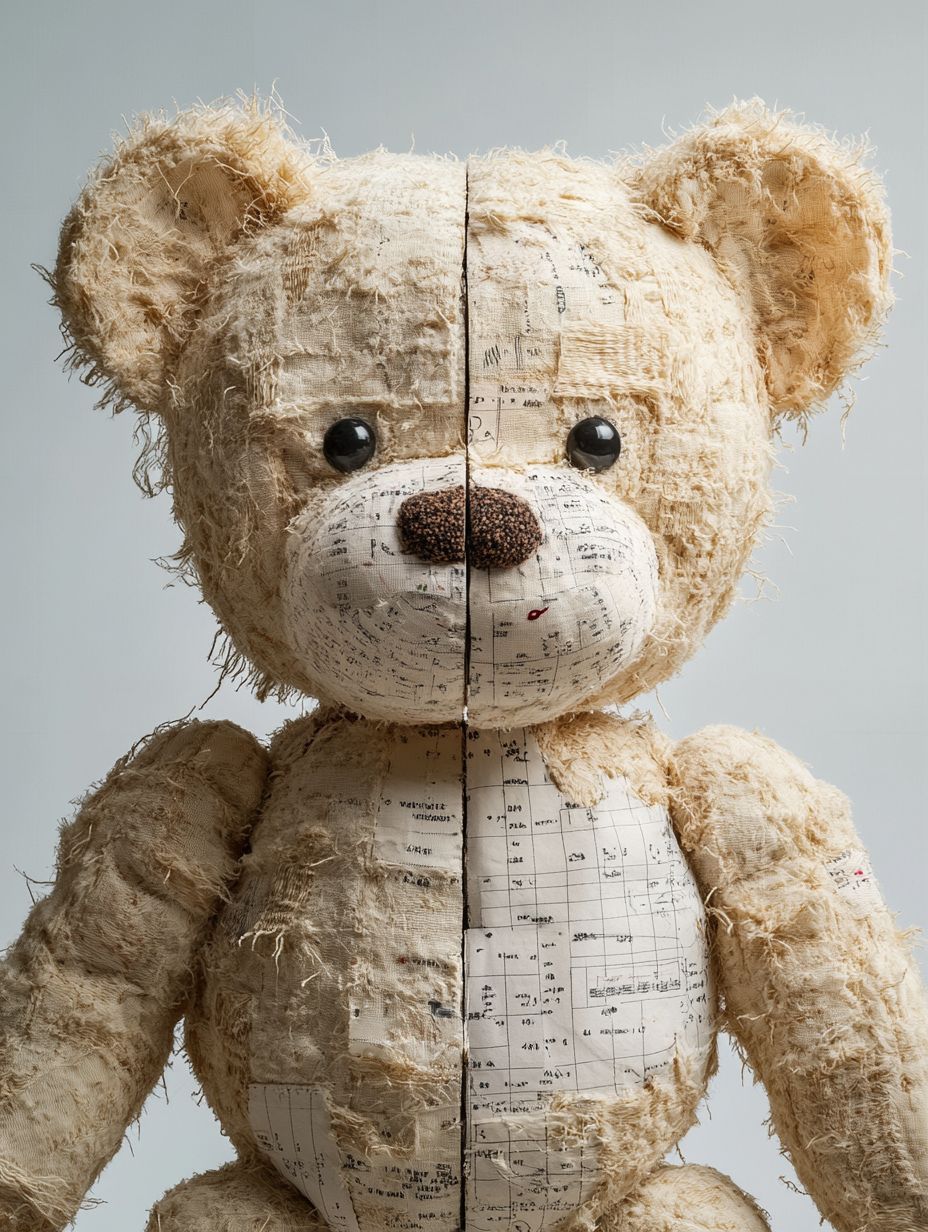 Laboratory teddy bear specimen on a white backdrop, showcasing macro details of textile fibers and precise sampling indicators.