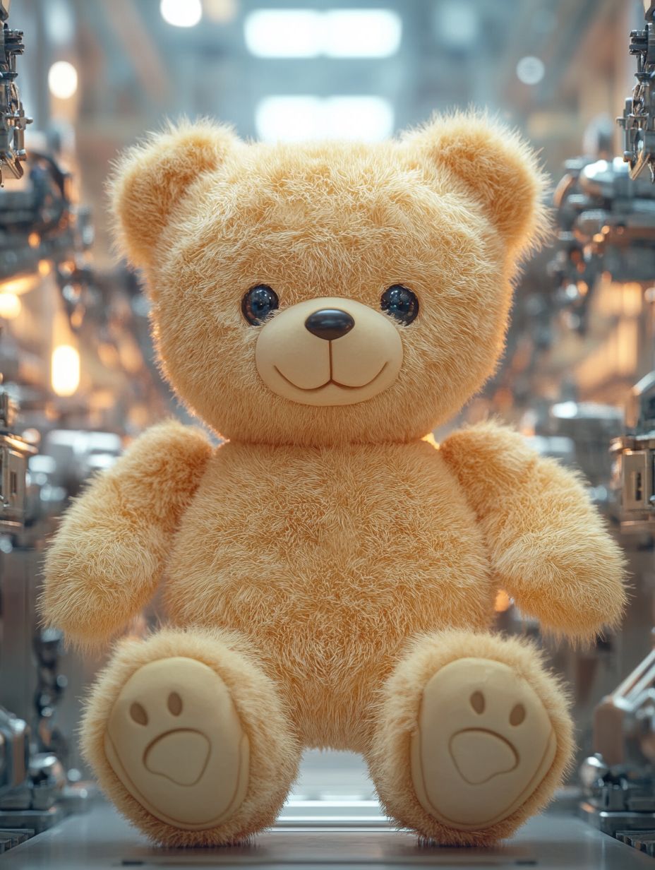 Luxurious teddy bear with golden fur on a modern assembly line, surrounded by robotic arms and tools, in elegant studio lighting.