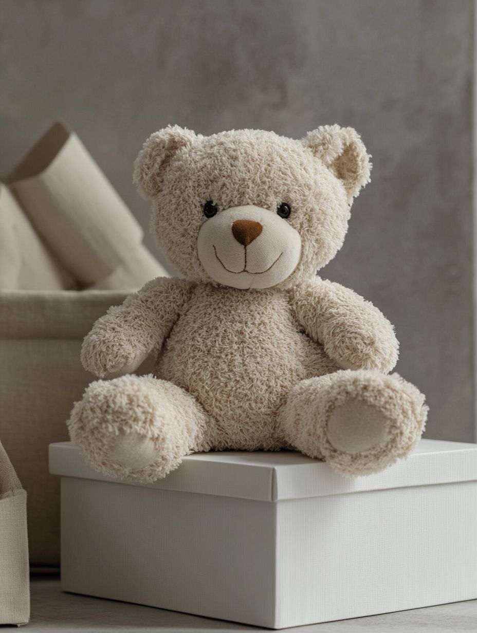 Minimalist product photo of a teddy bear against white boxes, featuring soft lighting and geometric organization.