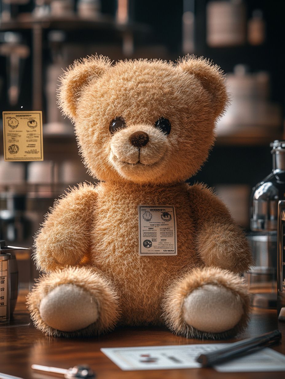 Pristine teddy bear in a laboratory, surrounded by safety symbols and quality assurance stamps, with soft diffused lighting.