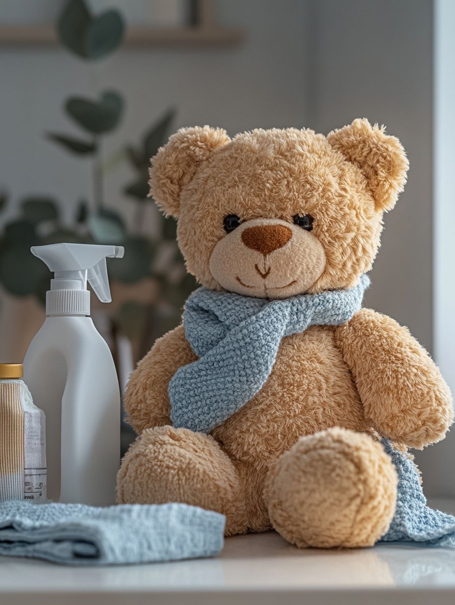 Photorealistic teddy bear on a white surface surrounded by cleaning supplies, showcasing fabric texture and soft lighting.