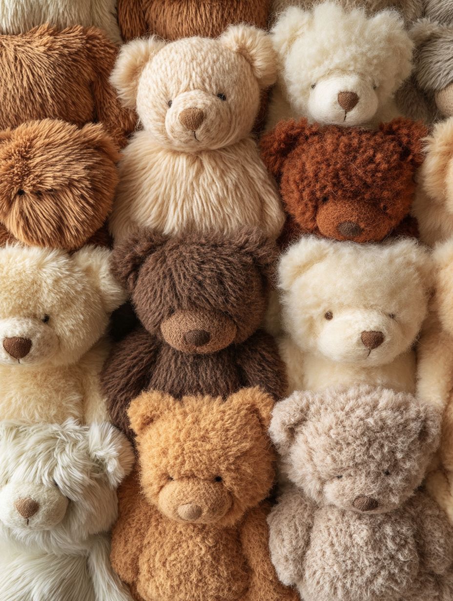 Macro shot of teddy bear fabric textures in a grid, showcasing mohair and plush variations against a neutral gray backdrop.