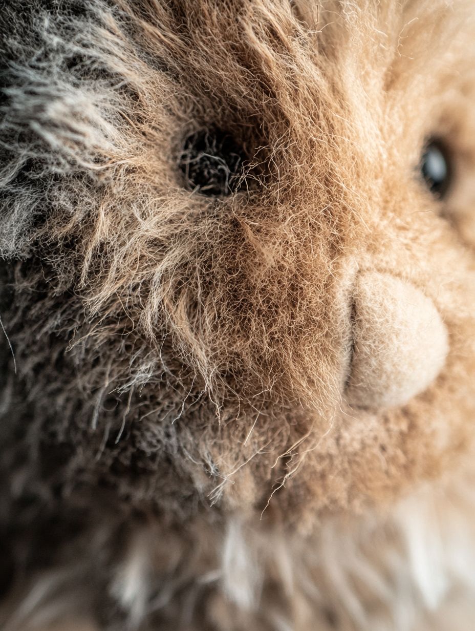 Macro shot of teddy bear fur restoration, showcasing worn and restored patches with detailed mohair texture against a gray background.