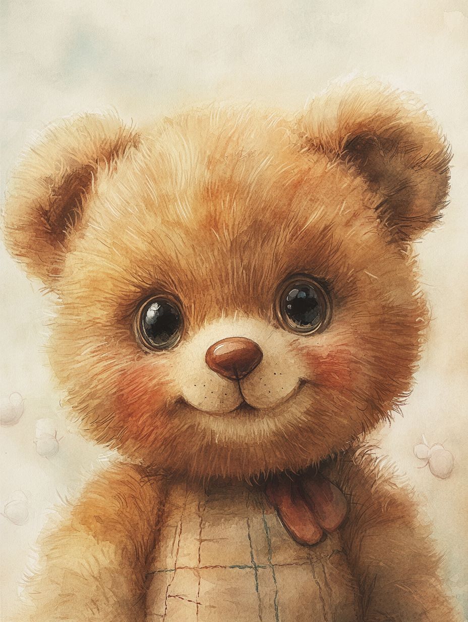 Close-up illustration of a teddy bear's face with detailed glass eyes, hand-stitched nose, and warm honey-brown fur against a pastel background.