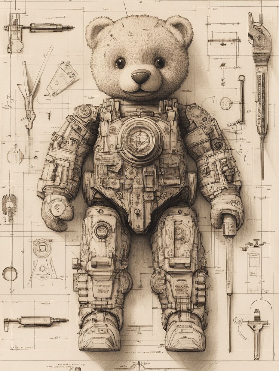 Technical illustration of a teddy bear mechanic with tools, showcasing precision and mechanical elements on a white background.