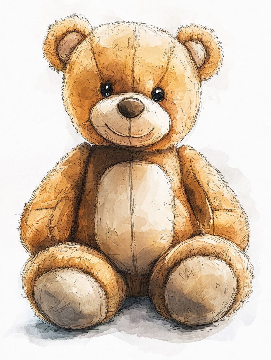 Educational illustration of a classic teddy bear highlighting safety features in a pastel color palette against a white background.