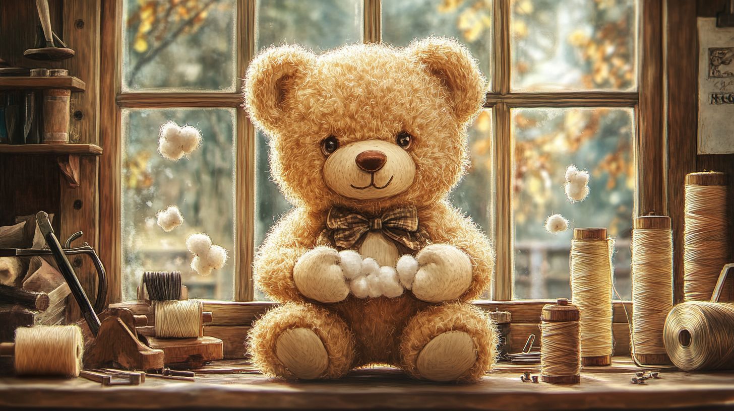 Cross-section illustration of a vintage teddy bear showing inner stuffing and craftsmanship, bathed in warm afternoon light.