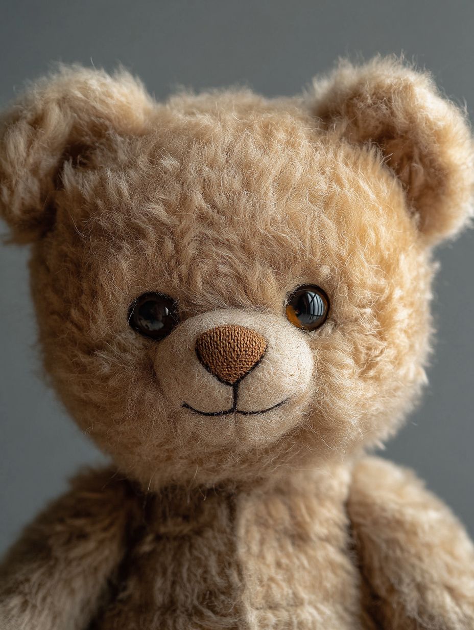 Vintage teddy bear with mohair texture and visible stitching, photographed on a gray backdrop with soft diffused lighting.