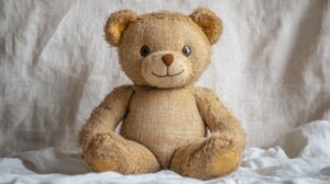 Vintage teddy bear on a white linen background, showcasing soft textures and stitching details in professional macro photography.