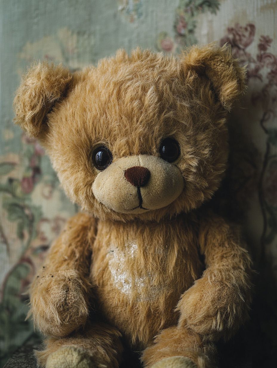 Vintage teddy bear nestled against Victorian wallpaper, showcasing matted fur and condensation droplets in soft natural light.