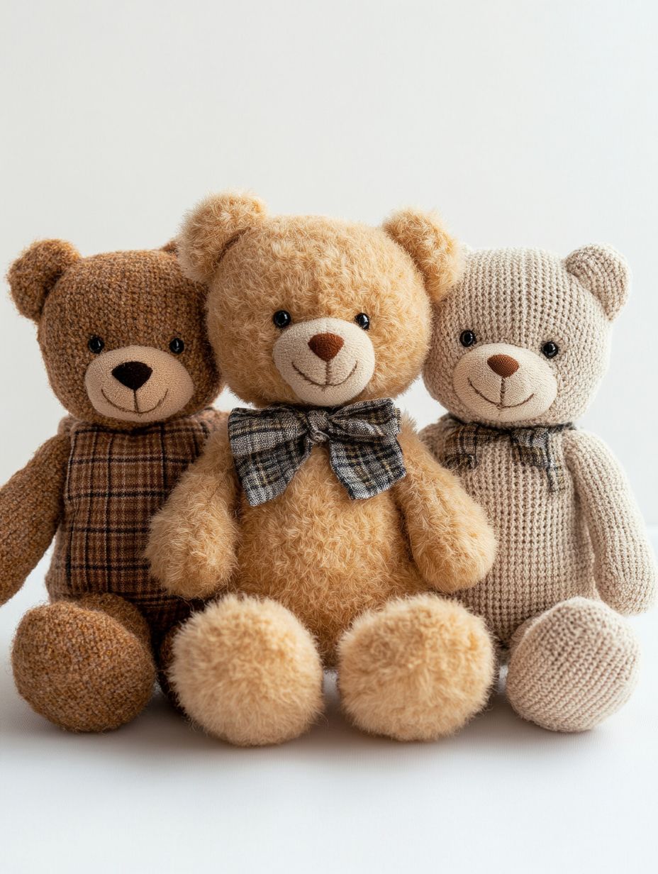 Vintage teddy bears arranged symmetrically in a studio setting with soft lighting on a white seamless backdrop.