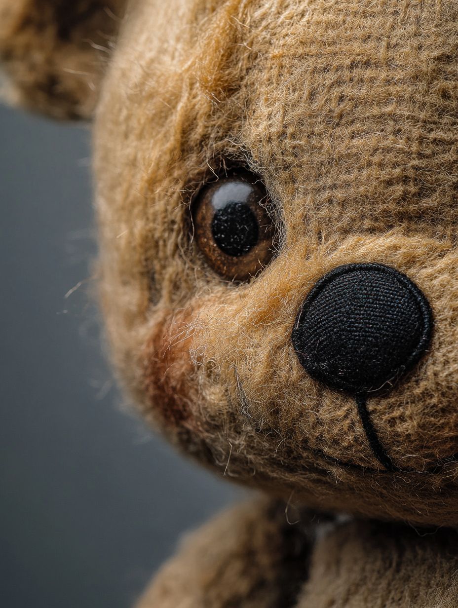 Macro photograph of a weathered teddy bear face with one missing button eye, showcasing brown fur and exposed thread marks.