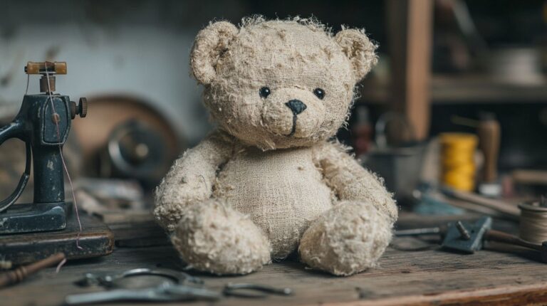 Macro photograph of a weathered teddy bear being repaired on a wooden workbench, surrounded by sewing materials in soft natural light.