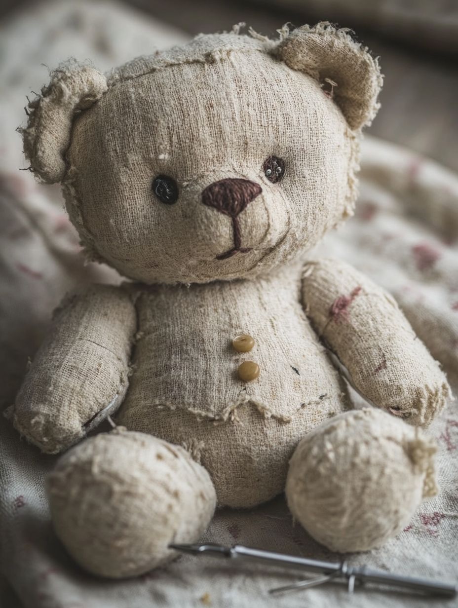 Weathered teddy bear on seamstress table with torn seam, silver needle, and thread, featuring soft natural lighting and detailed textures.