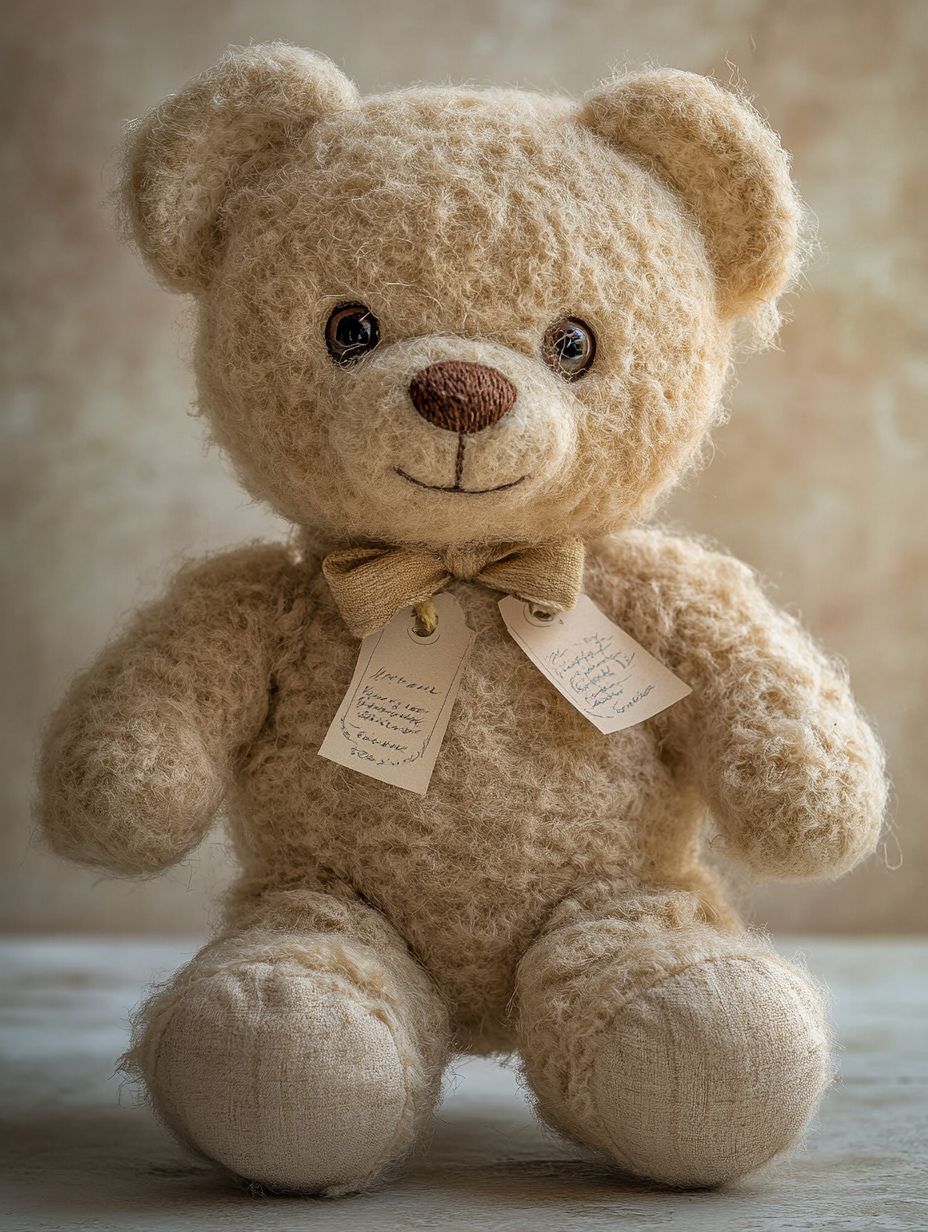 Handcrafted mohair teddy bear with intricate stitching and vintage tags, set against a blurred beige background.