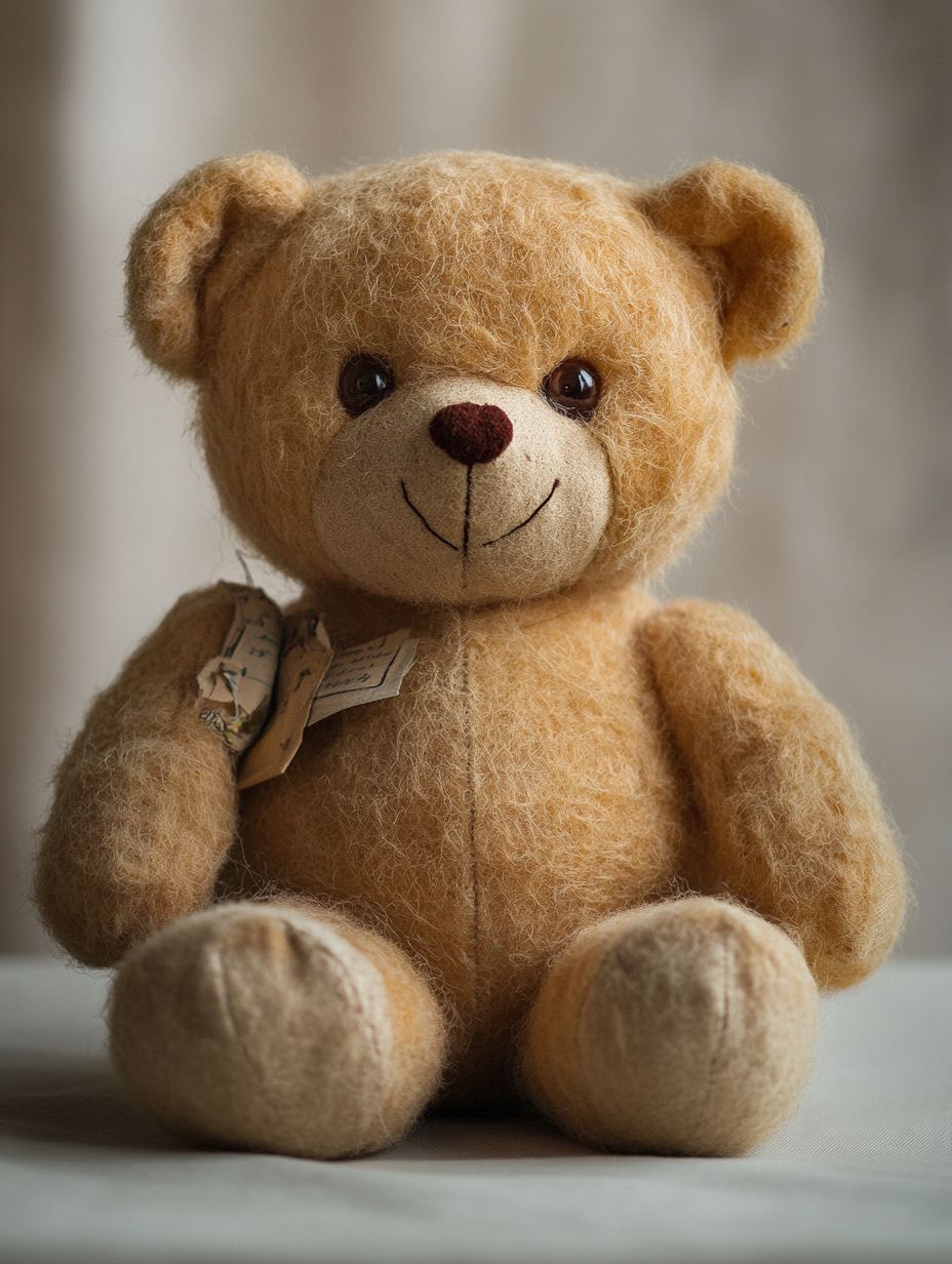 Professional studio photo of a jointed teddy bear with detailed stitching and manufacturer's tags, set against a soft neutral backdrop.