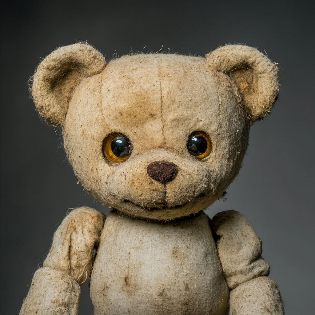 Vintage jointed teddy bear with glass eyes, elegantly lit to highlight its craftsmanship and texture against a blurred backdrop.