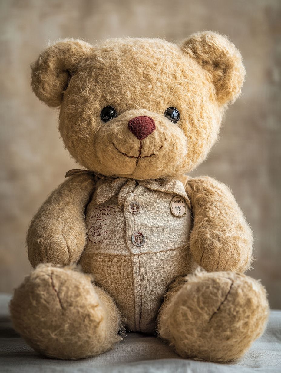 Vintage teddy bear with detailed stitching and jointed limbs, displayed against a blurred neutral backdrop, highlighting craftsmanship.