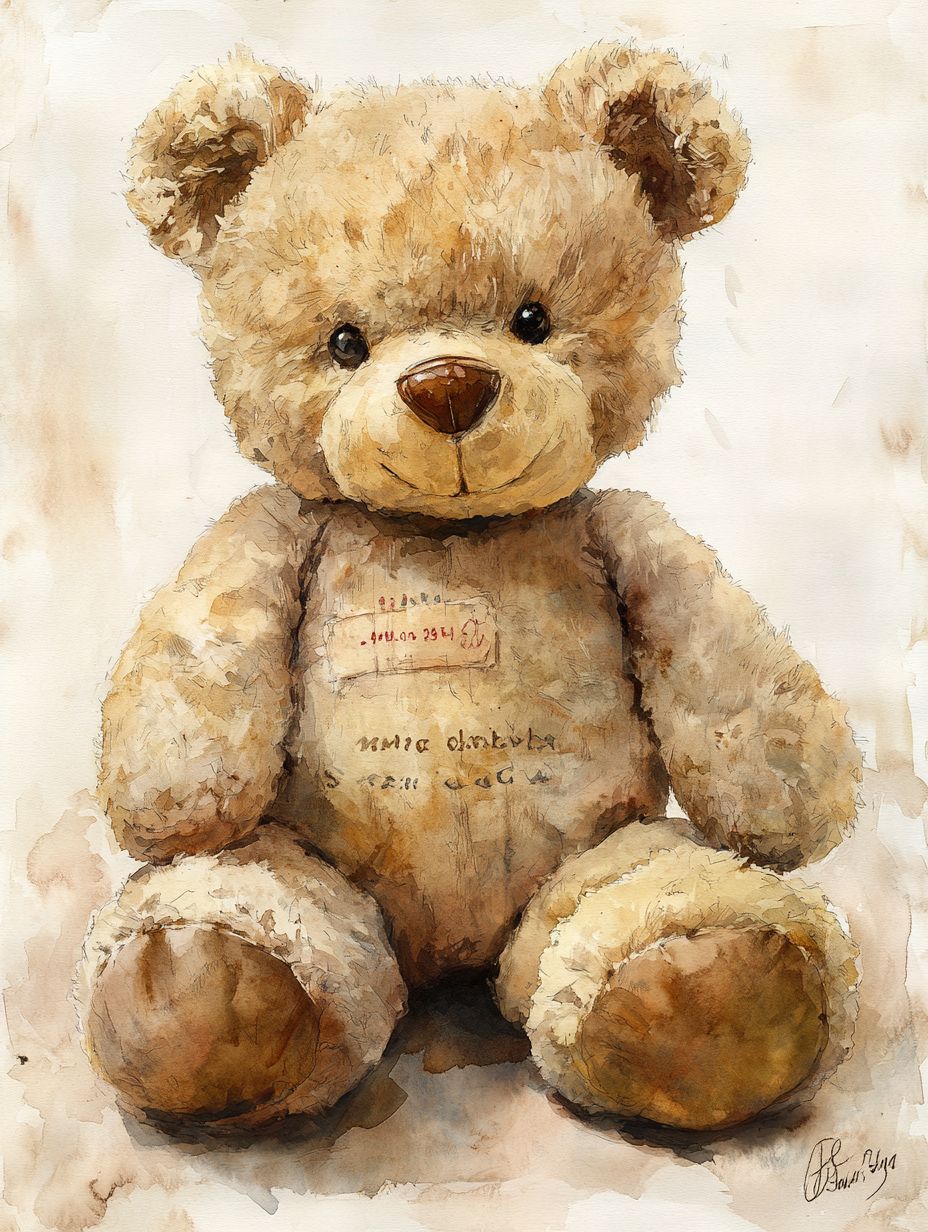 Watercolor illustration of a vintage teddy bear with jointed limbs, mohair fur, and hand-stitched details on a torn paper border.