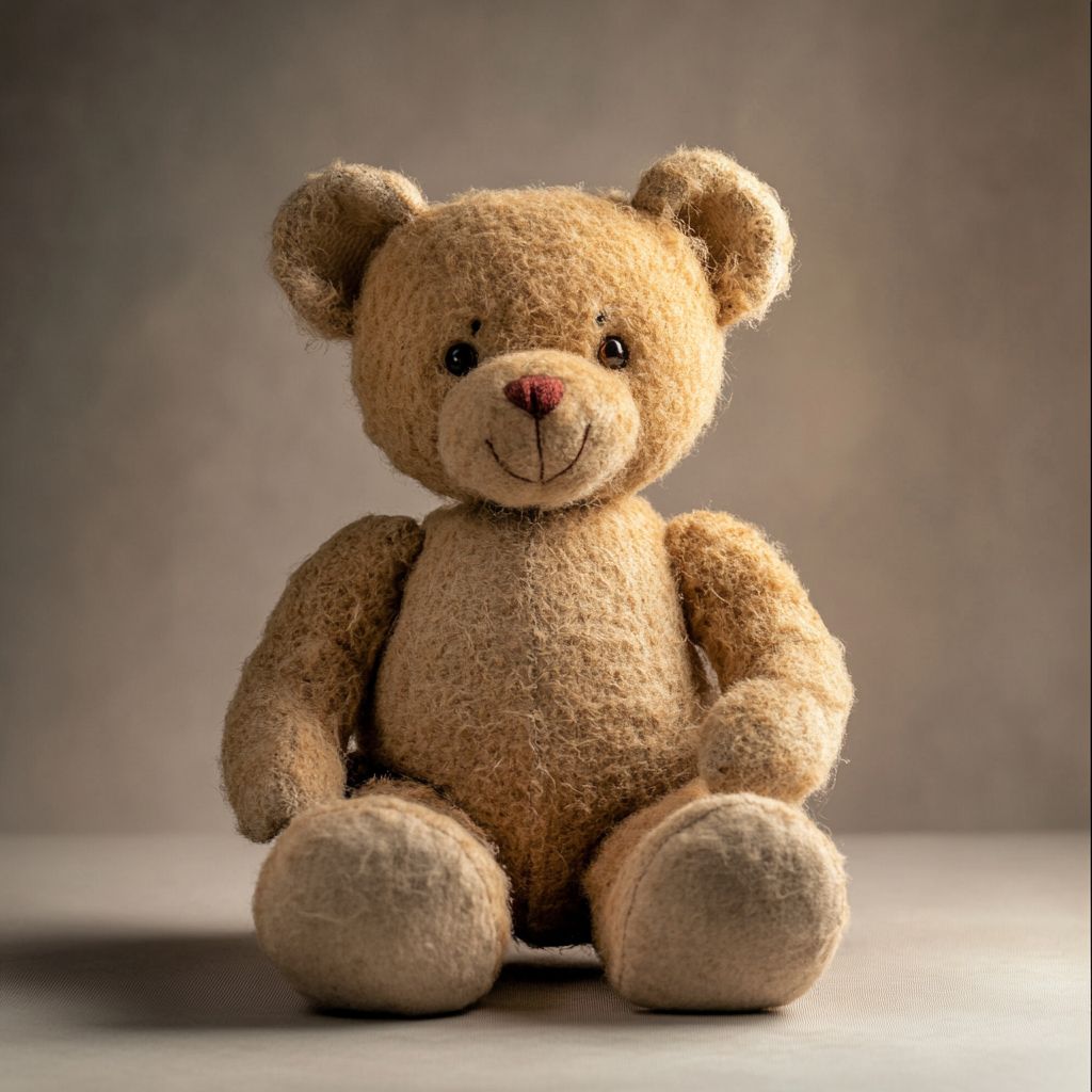 Watercolor illustration of a vintage teddy bear with stitched details, sitting upright in a classic collector's pose.