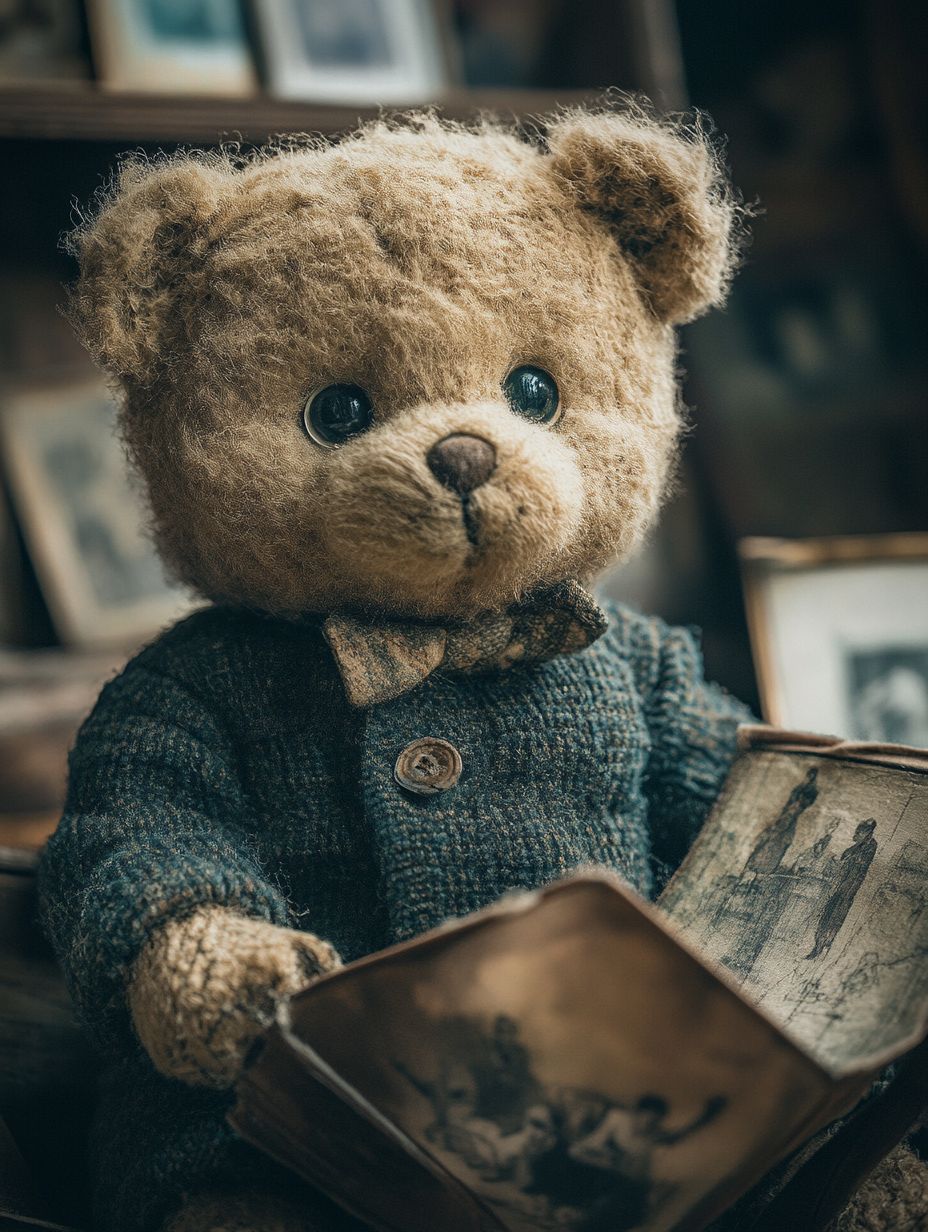 Teddy bear sorting vintage photographs in a cozy family drawing room, captured in black and white with soft window light.